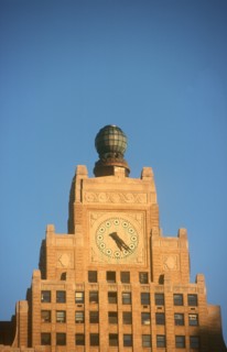 USA, New York , Manhattan, "The Paramount Building, detail of stepped roof and clock face. "