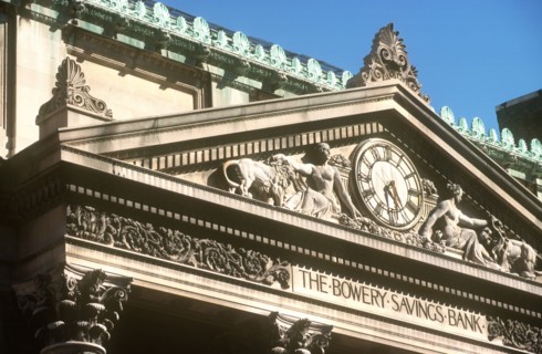 USA, New York , Manhattan, The Bowery Savings Bank Building.  Detail of ornate masonry on roof with