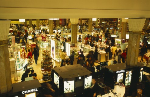 USA, New York State, New York, Macy’s department store interior.  View over busy shop floor selling