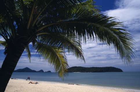 MALAYSIA, Langkawi, Kedah, Pantai Cenang beach looking towards Pulau Tepor island from under a