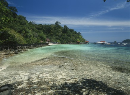 MALAYSIA, Kedah, Langkawi, Pulau Paya marine national park with anchored tourist boats beyond the