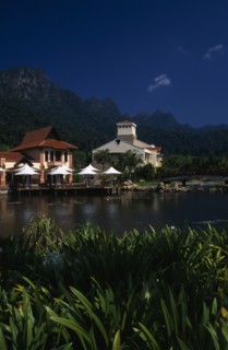 MALAYSIA, Kedah, Langkawi, Oriental Village shopping complex at Burau Bay set around an artificial