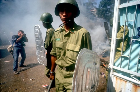CAMBODIA, Phnom Pehn, Anti Khmer Rouge demonstration outside their city headquarters.  Soldiers