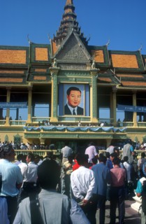 CAMBODIA, Phnom Pehn, Sihanouk addressing crowds at the Royal Palace.