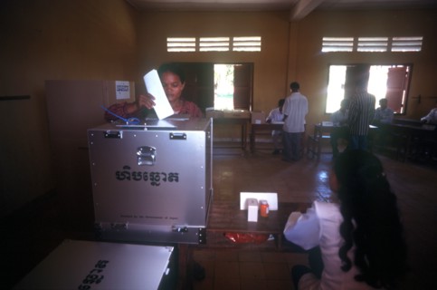 CAMBODIA,  , Politics, Woman voting in a polling station durin elections in rural area along Route