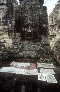 CAMBODIA, Siam Reap, Angkor Wat, The Bayon.  Rubbings of the wall carvings for sale.