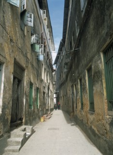 TANZANIA, Zanzibar Island, Zanzibar, "Stone Town.  Quiet, narrow street lined with houses with