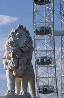 ENGLAND, London, "The London Eye, part view of the wheel rim with capsules and passengers behind