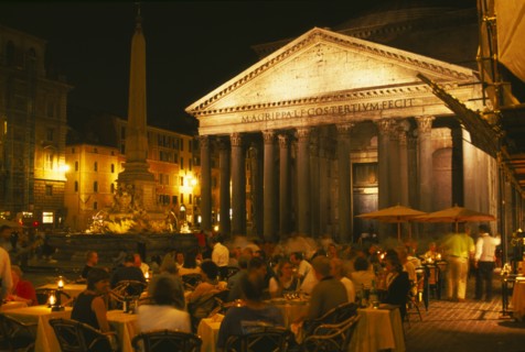 ITALY, Lazio, Rome, "The Pantheon, exterior view at night with people eating and drinking at