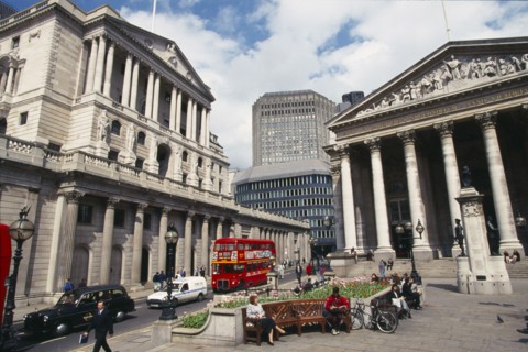 ENGLAND, London, The Royal Exchange and Bank of England buildings.  Exterior view with people and