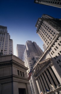 USA, New York, Manhattan, The Stock Exchange building front in a narrow street