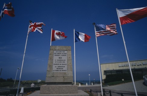 FRANCE, Normandy, Calvados, Courseulles Sur Mer.  Stone plinth commemorating the arrival of Charles