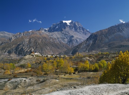 NEPAL, Annapurna Region, Jharkot, View over Jhong Khola Valley and the Thorung La pass to distant