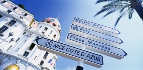 FRANCE, Provence-Cote d’Azur, Nice, "Promenade des Anglais.  Angled view of directional road sign