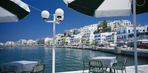 GREECE, Cyclades Islands, Naxos, "Hora.  View from waterside eating area under black and white sun