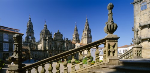 SPAIN, Castilla Y Leon , Leon, "The Cathedral,  view over stone balustrade towards cathedral