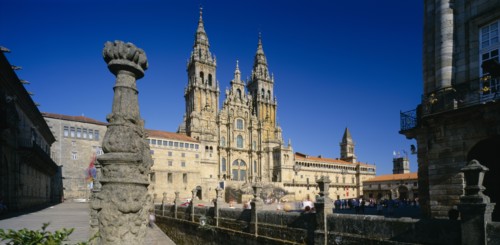 SPAIN, Galicia, Santiago de Compostela, "Cathedral, exterior and twin spires."
