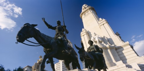 SPAIN, Madrid State, Madrid, "Plaza de Espana.  Angled view of the statues of Miguel de Cervantes