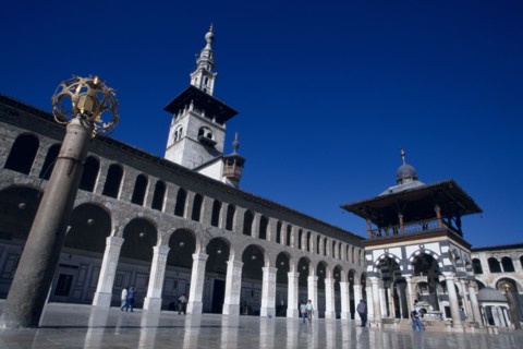SYRIA, South, Damascus, "The Umayyad Mosque.  Lantern holder with ablutions fountain, Minaret of