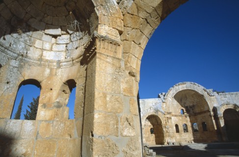 SYRIA, North, Qalaat Samaan, Church of Saint Simeon.  Detail of limestone archway and wall recess.