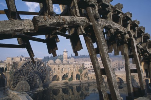 SYRIA, Central, Hama, Wooden norias or waterwheels on the Orontes river.  Part view of wheel