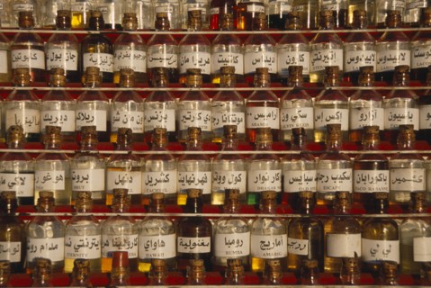 SYRIA, Central, Hims, Display of bottled perfumes. Homs