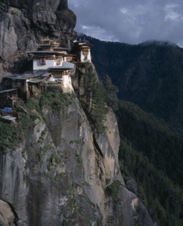 BHUTAN, Paro Valley, Taktshang Monastery, View of monastery situated high on cliff face.