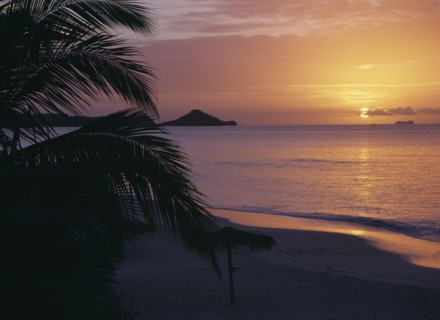 WEST INDIES, Antigua, Runaway Bay, View towards bay over empty sandy beach with thatched umbrellas