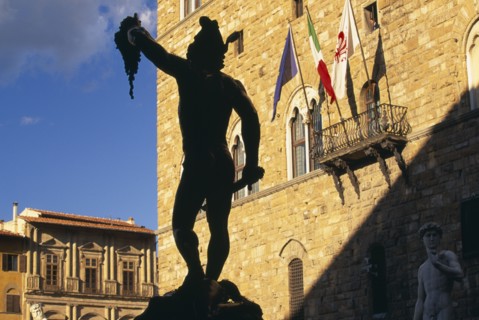 ITALY, Tuscany, Florence, Piazza della Signoria.  Statue of Perseus holding the head of Medusa by