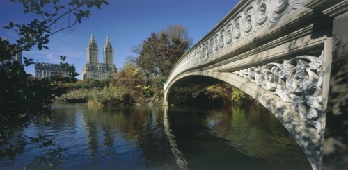 USA, New York , Manhattan, "Central Park, Bow Bridge.  View along side of cast iron bridge across