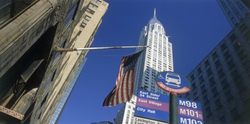 USA, New York State, New York, "Chrysler Building.  Seen from below, between other buildings with