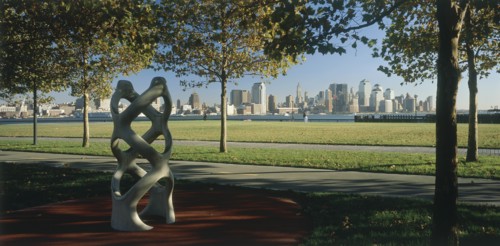 USA, New York State, New York, "Lower Manhattan.  Post September 11 skyline seen from a public park