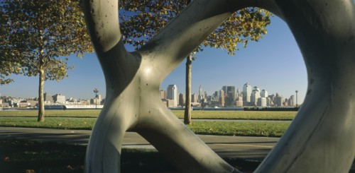 USA, New York State, New York, "Lower Manhattan.  Post September 11 skyline seen from a public park