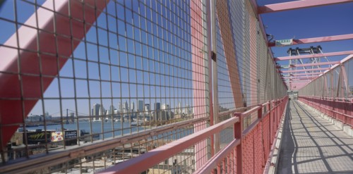 USA, New York State, New York, Williamsburg Bridge.  View along footbridge lined by high sided