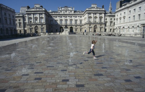 ENGLAND, London, Somerset House and courtyard with rows of small fountains spouting from the ground