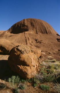 AUSTRALIA, Northern Territory, Uluru, "Ayers Rock, view towards rock with large circular boulder in