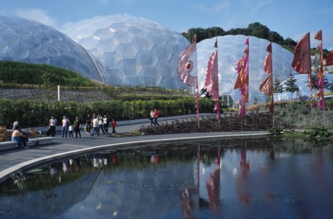ENGLAND, Cornwall, St. Austell, Eden Project.  General view over the Humid tropics Biome exterior