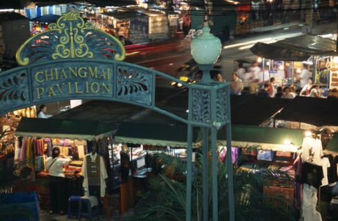 THAILAND, North, Chiang Mai, The Night Bazaar seen from The Chiang Mai Pavilion