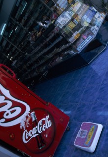 THAILAND, North, Chiang Mai, Pharmacy with Coca Cola fridge and scales on the step  with the words