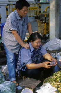 THAILAND, North, Chiang Mai, Wholesale Food Market.  Female vendor seated at vegetable stall having