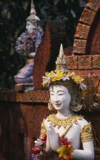 THAILAND, North, Chiang Mai, Wat Bupparam Temple on Tha Phae Road. Detail of brightly coloured