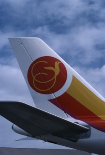 TRANSPORT, Air, Plane Details, "Air Jamaica A.300 Airbus at Gatwick Airport, detail of tail fin."