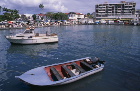 WEST INDIES, French Antilies, Guadeloupe, "Grande Terre, Pointe-a-Pitre.  Moored boats with busy