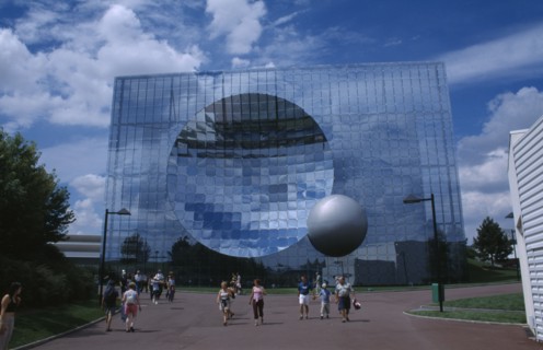 FRANCE, Poitiers, Planet Futuroscope, Le Parc Europeen de l’Image. Cyber World. Mirrored building