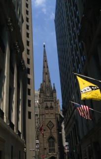 USA, New York, New York City, Trinity Church seen through Wall Street