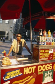 USA, New York, New York City, Hot Dog stall and vendor