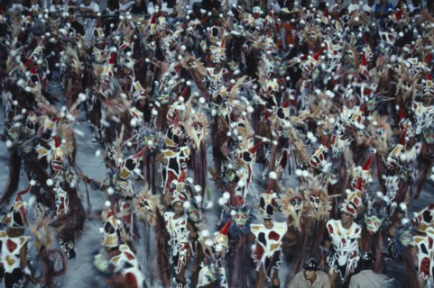 BRAZIL, Rio de Janeiro, Carnival procession of dancers dressed in feathered costumes