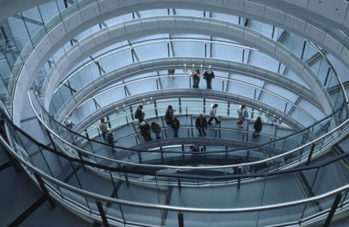 ENGLAND, London, City Hall, Interior of the London Assembly Building looking down on people