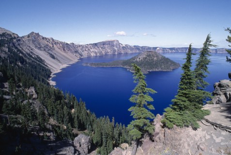 USA, Oregon, Crater Lake National Park, View over water filled crater formed after the erruption of