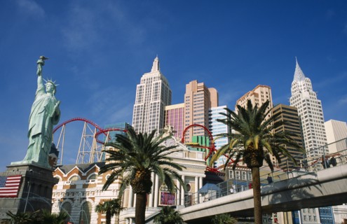 USA, Nevada, Las Vegas, New York New York hotel and casino exterior with scale models of NYC